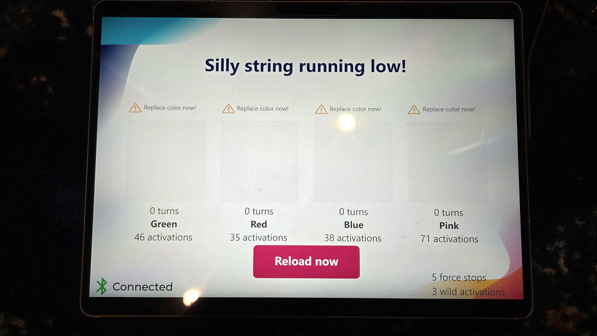 Picture of a tablet showing the current usage counts of each gimbal / silly string can
